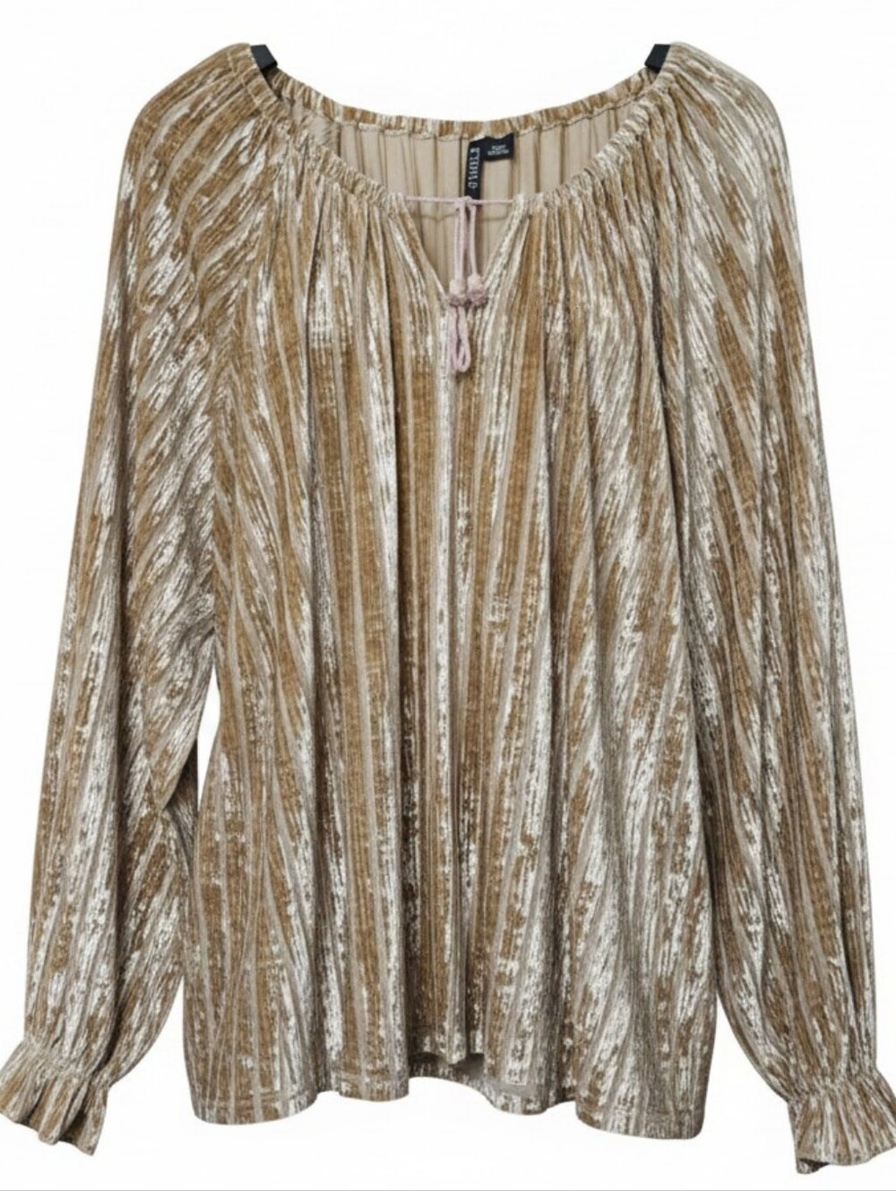 ETHYL Gold Metallic Striped Crushed Velvet Peasant Blouse M